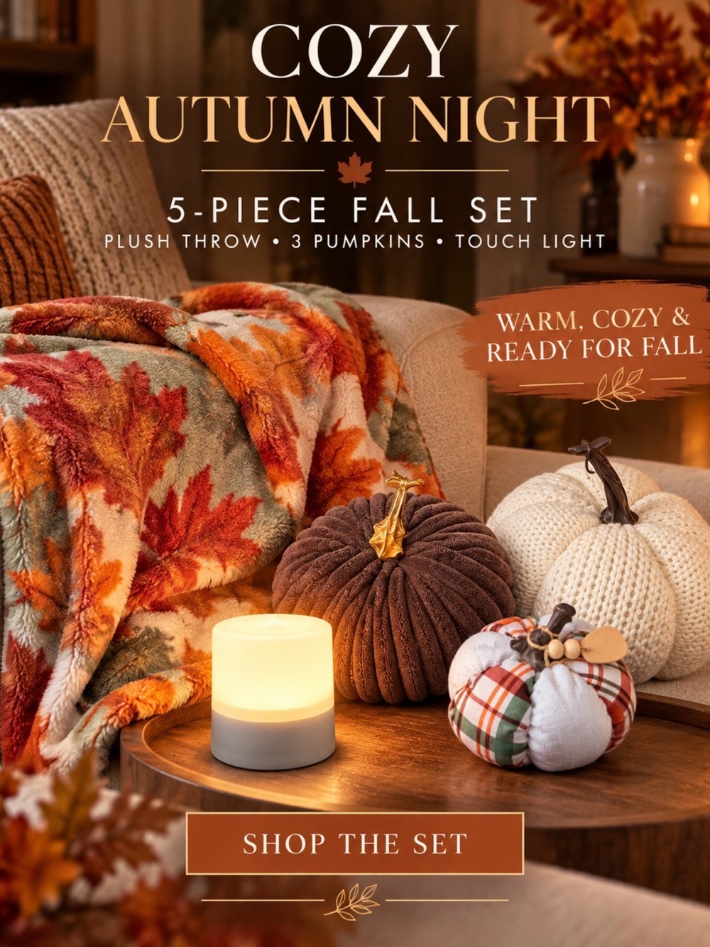 Cozy Autumn Night 5-Piece Fall Throw Set - Orange Multi